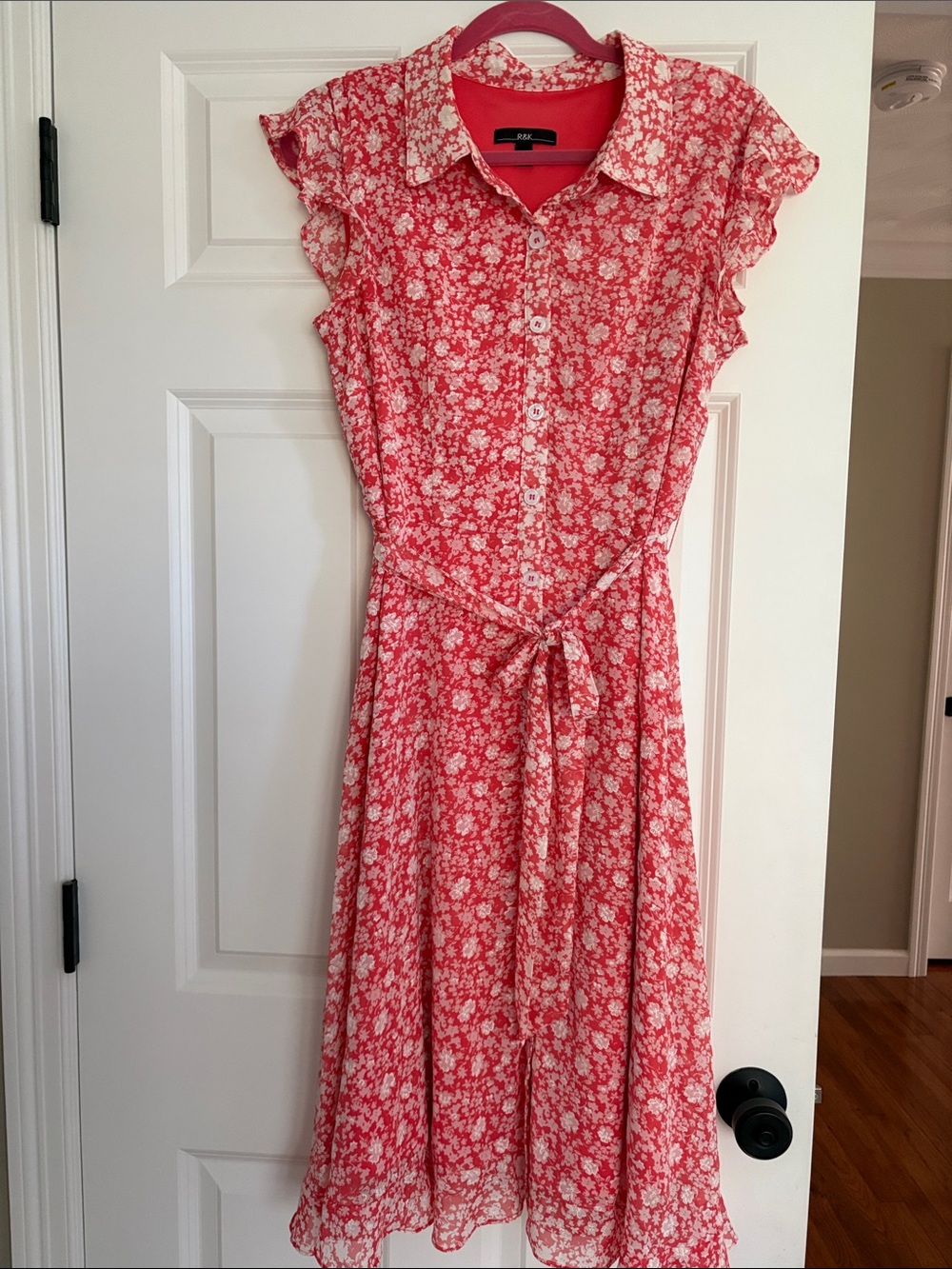 R&K Coral and White Floral Midi Shirt Dress with Tie Waist